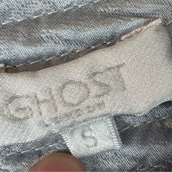 Anthropologie Ghost London Belled Gray Blue Peasant Boho Dress Tie Button Small - Picture 2 of 10